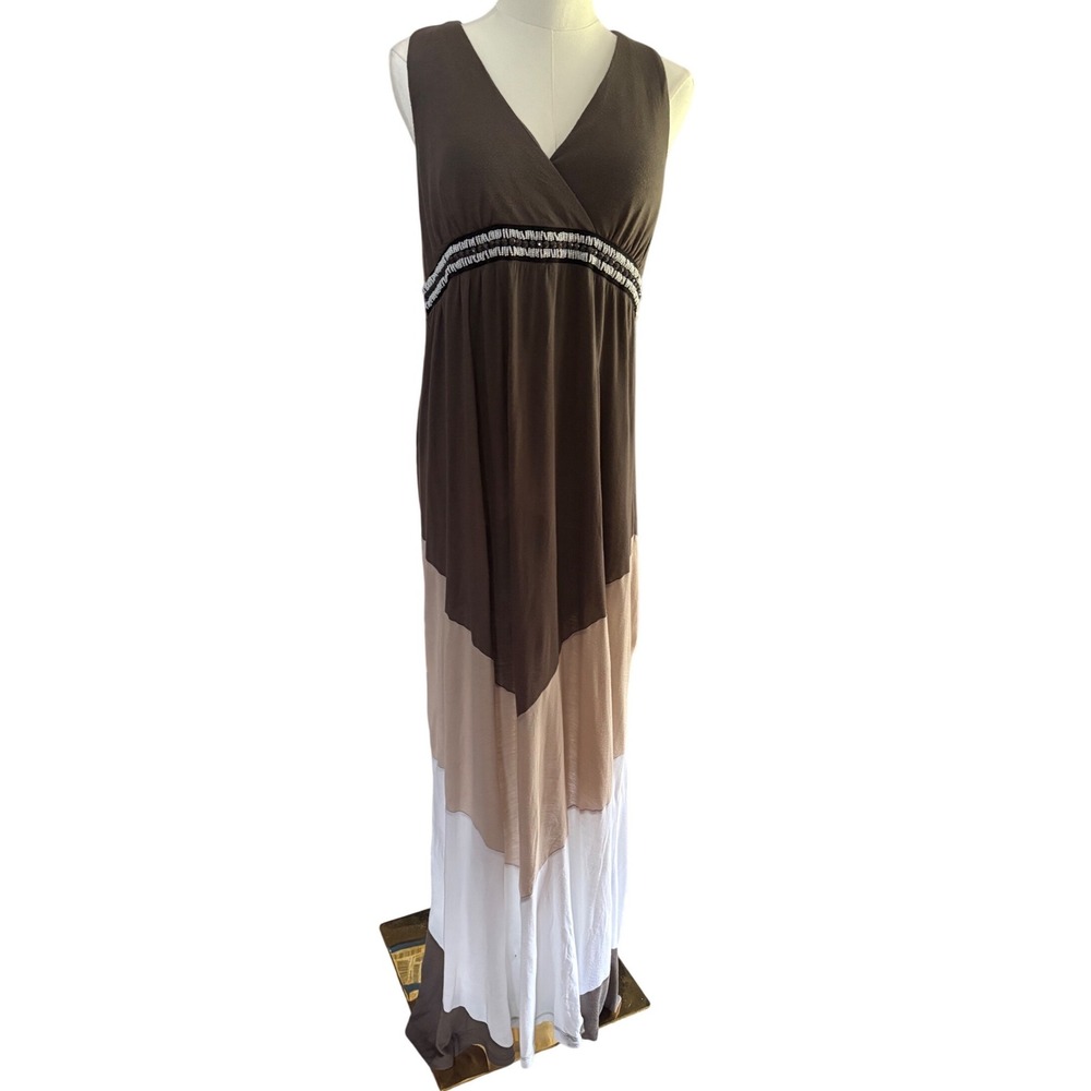 INC International Concepts Brown Colorblock Beaded Empire Waist Maxi Dress L